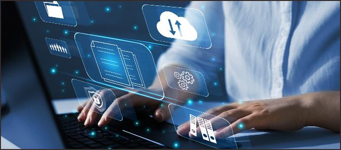 Hands typing on a laptop keyboard with digital icons representing document management, cloud storage, and system integration floating above, illustrating the process of customized promotional website services including design, SEO, social media integration, and data analysis for enhanced market competitiveness